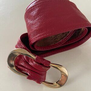 1970s - 80s Red Leather Belt with Gold Buckle - soft leather 1 3/4 in wide / 37